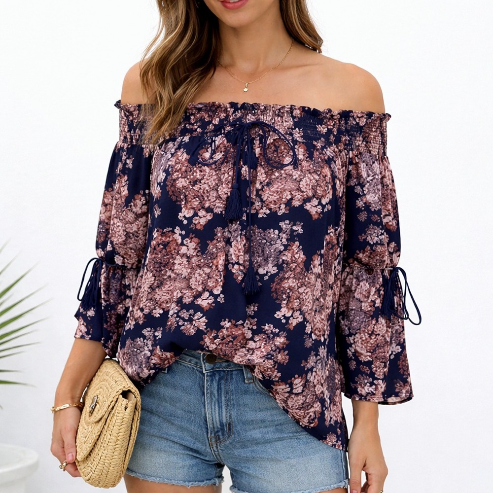 Paper Crane Womens L‎ Navy Floral Off Shoulder Bell Sleeve Peasant Blouse